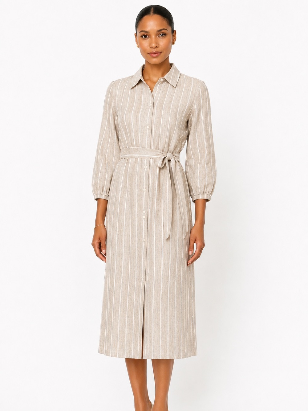 Lands’ End Linen Midi Shirt Dress Striped Button-Up Belted Size XL (18) Coastal
